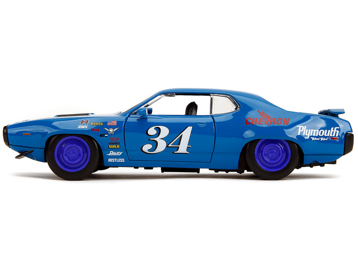 1972 Plymouth GTX #34 Blue with Graphics "Bigtime Muscle" Series 1/24 Diecast Model Car by Jada - image 3