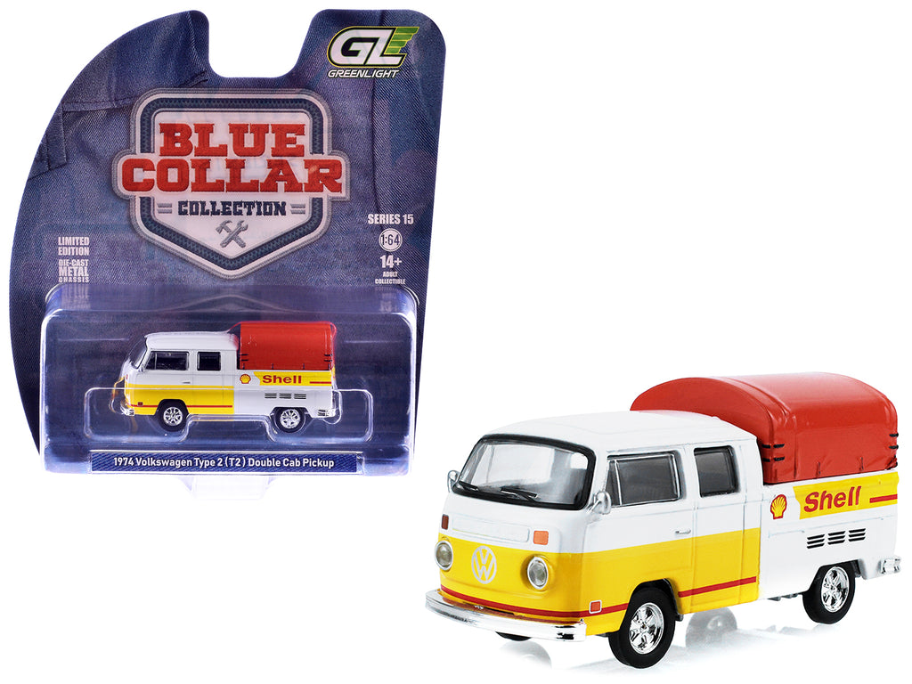 1974 Volkswagen T2 Doka Crew Cab Pickup Truck with Canopy "Shell Oil" White and Yellow with Red Canopy "Blue Collar Collection" Series 15 1/64 Diecast Model Car by Greenlight