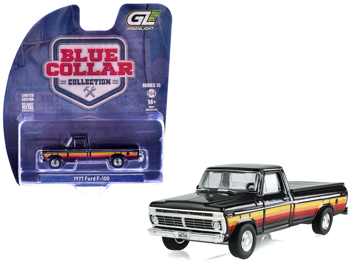 1977 Ford F-100 Pickup Truck with Bed Cover Black with Stripes "Blue Collar Collection" Series 15 1/64 Diecast Model Car by Greenlight