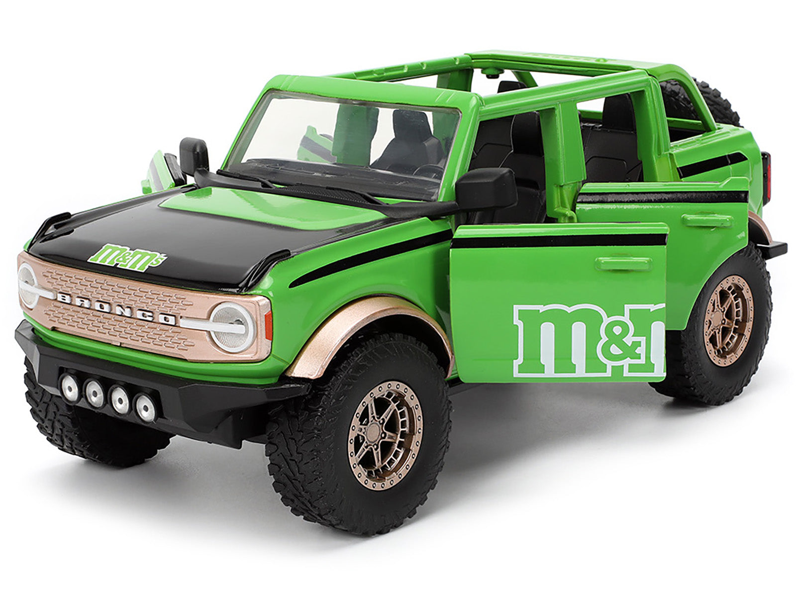 2021 Ford Bronco Green with Black Stripes and Green M&M's Diecast Figure "Hollywood Rides" Series 1/24 Diecast Model Car by Jada - image 3