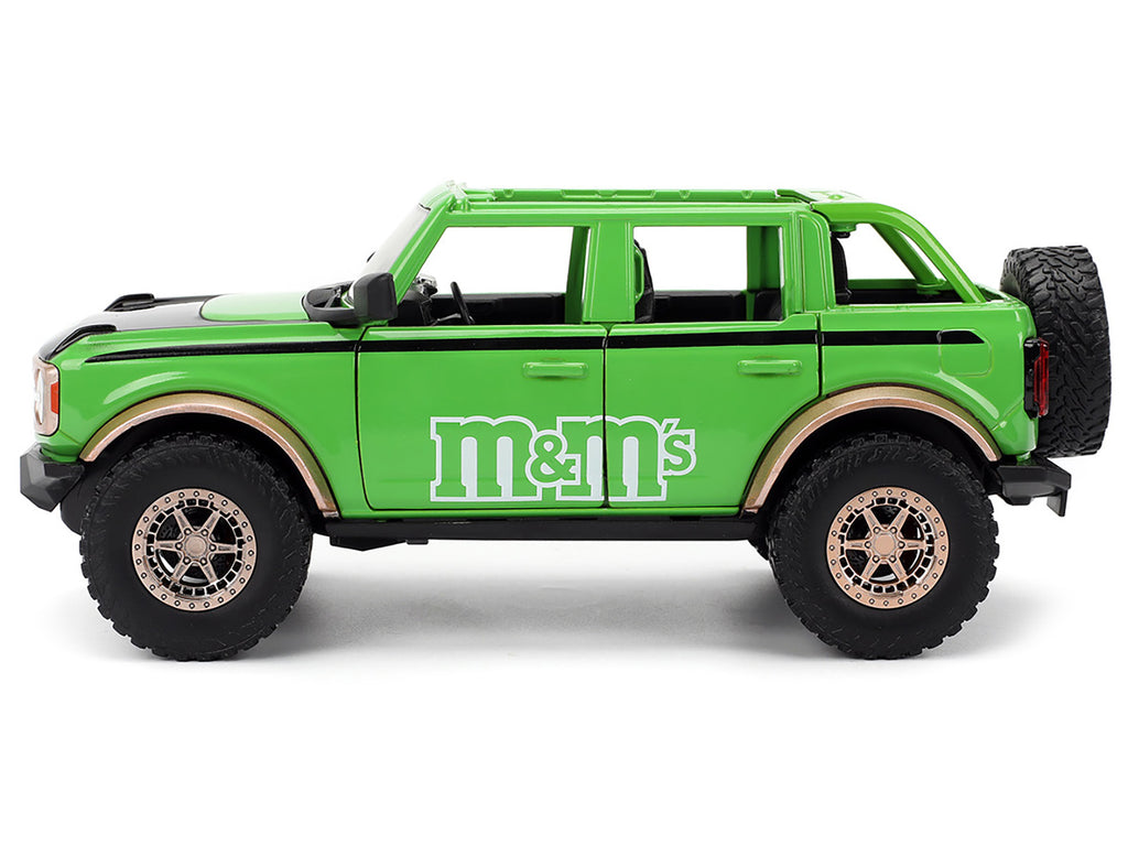 2021 Ford Bronco Green with Black Stripes and Green M&M's Diecast Figure "Hollywood Rides" Series 1/24 Diecast Model Car by Jada - image 4