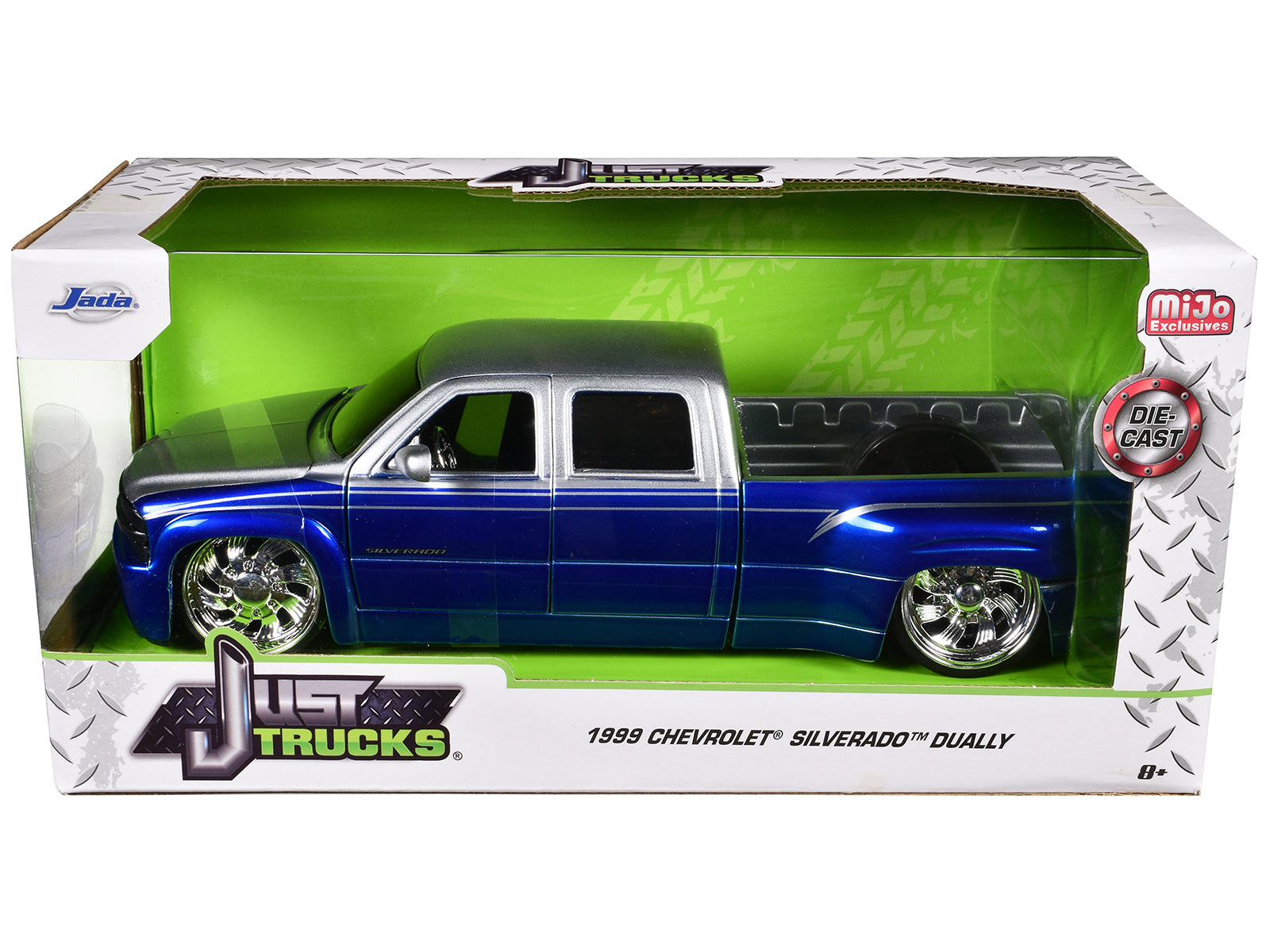 1999 Chevrolet Silverado Dually Pickup Truck Blue Metallic and Silver with Custom KMC Wheels "Just Trucks" Series 1/24 Diecast Model Car by Jada - image 3