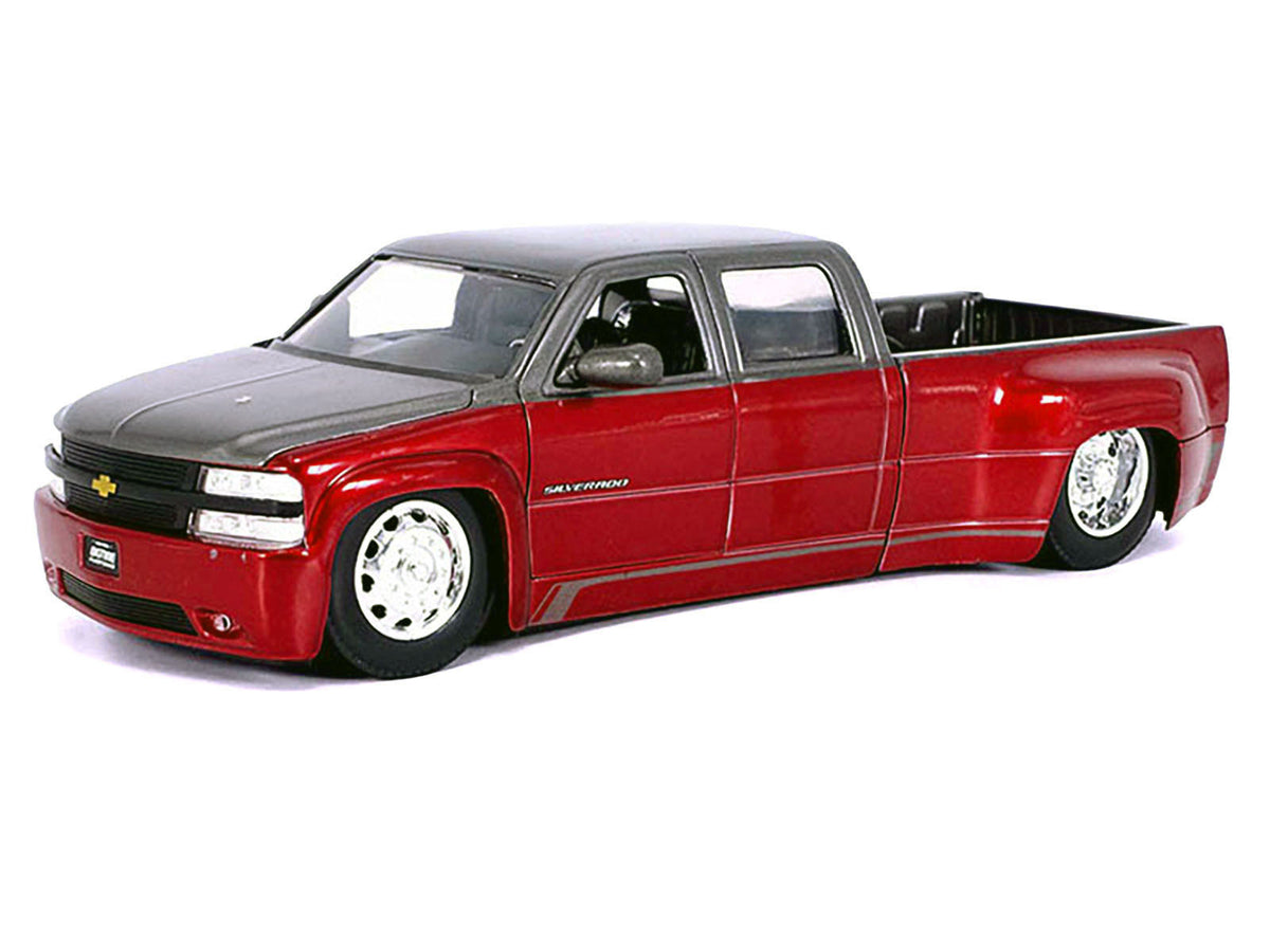 1999 Chevrolet Silverado Dually Pickup Truck Red Metallic and Gray with Stock Wheels "Just Trucks" Series 1/24 Diecast Model Car by Jada - image 2