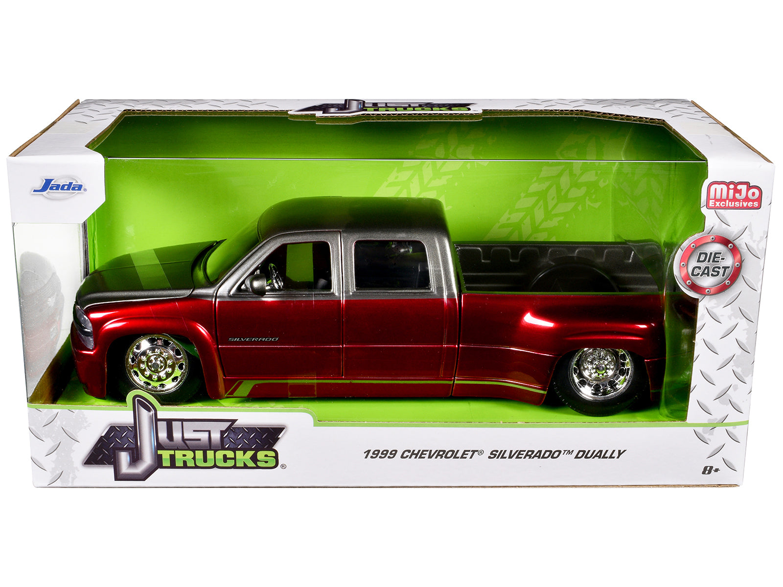 1999 Chevrolet Silverado Dually Pickup Truck Red Metallic and Gray with Stock Wheels "Just Trucks" Series 1/24 Diecast Model Car by Jada - image 3