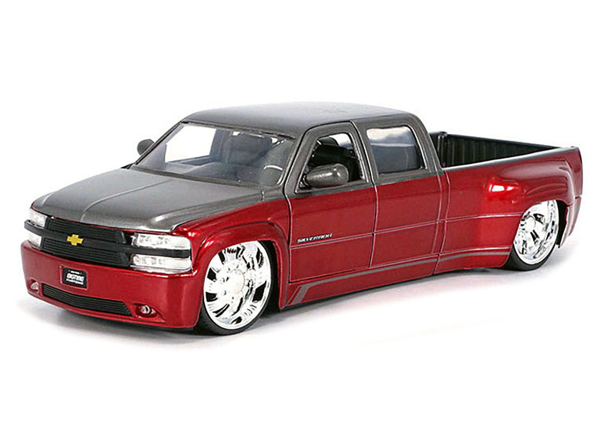 1999 Chevrolet Silverado Dually Pickup Truck Red Metallic and Gray with Custom KMC Wheels "Just Trucks" Series 1/24 Diecast Model Car by Jada - image 2