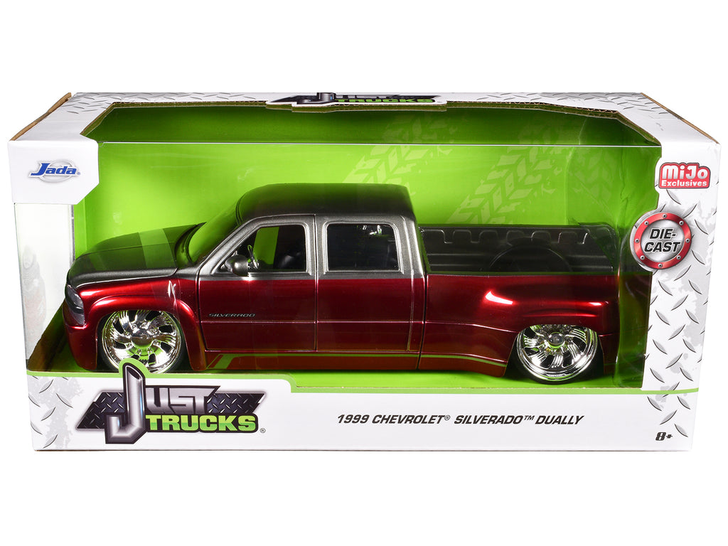 1999 Chevrolet Silverado Dually Pickup Truck Red Metallic and Gray with Custom KMC Wheels "Just Trucks" Series 1/24 Diecast Model Car by Jada - image 3
