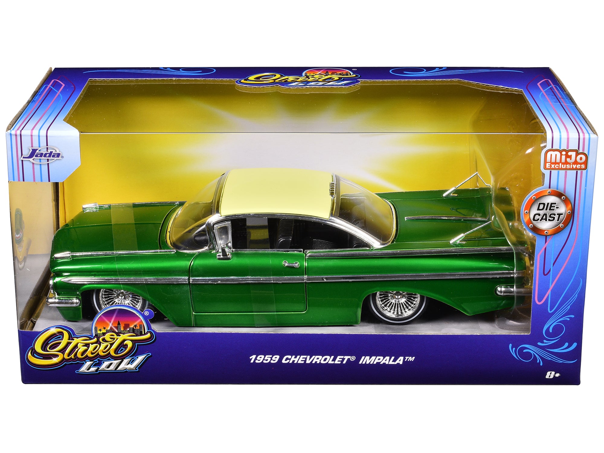 1959 Chevrolet Impala Lowrider Green Metallic with Cream Top and Wire Wheels "Street Low" Series 1/24 Diecast Model Car by Jada - image 3