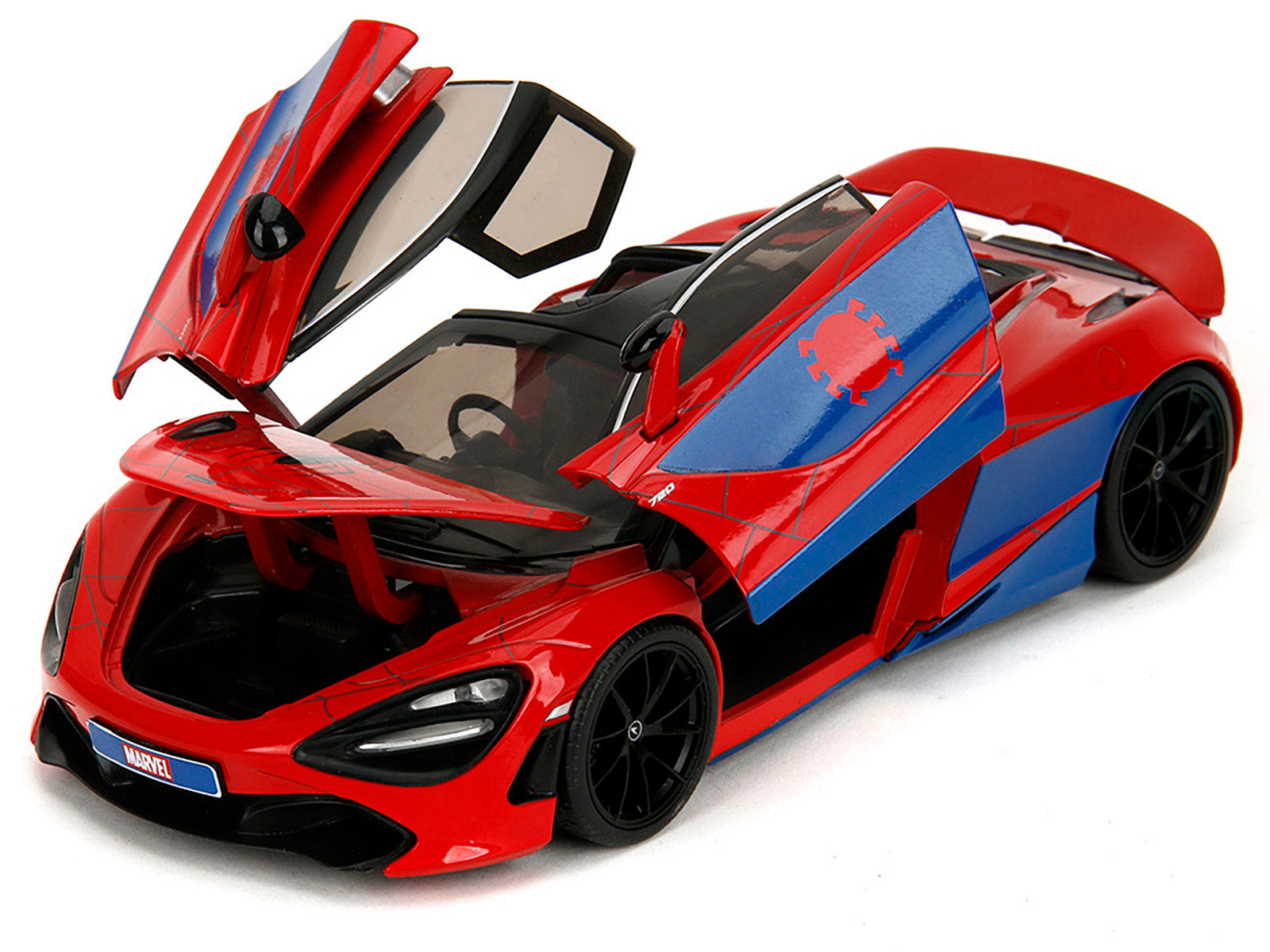McLaren 720S Red and Blue with Black Top and Graphics and Spider-Man Diecast Figure "Marvel Spider-Man" "Hollywood Rides" Series 1/24 Diecast Model Car by Jada - image 2