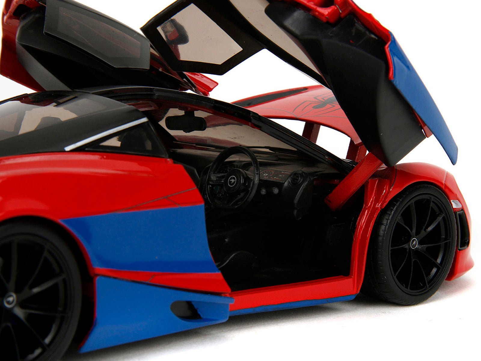 McLaren 720S Red and Blue with Black Top and Graphics and Spider-Man Diecast Figure "Marvel Spider-Man" "Hollywood Rides" Series 1/24 Diecast Model Car by Jada - image 3
