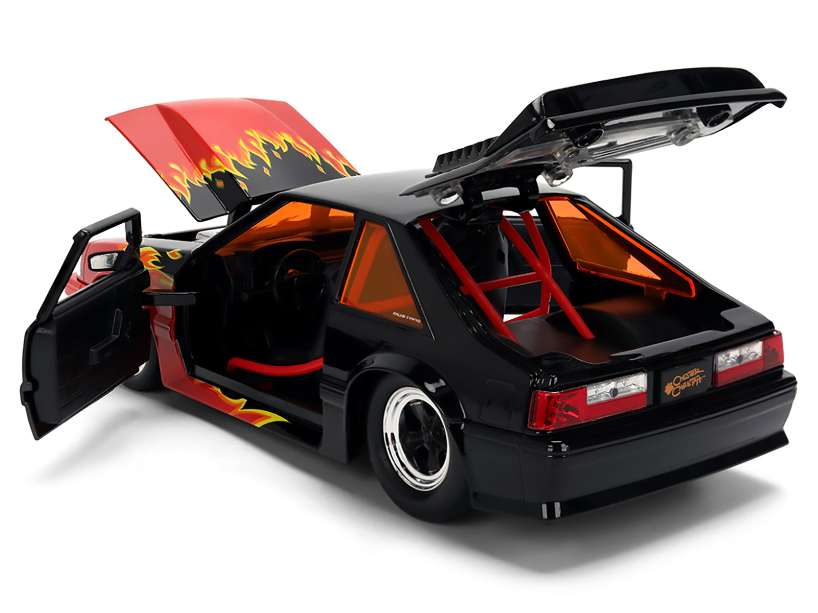 1989 Ford Mustang GT Black with Red Flame Graphics and Chester Cheetah Diecast Figure "Cheetos Flamin' Hot" "Hollywood Rides" Series 1/24 Diecast Model Car by Jada - image 3