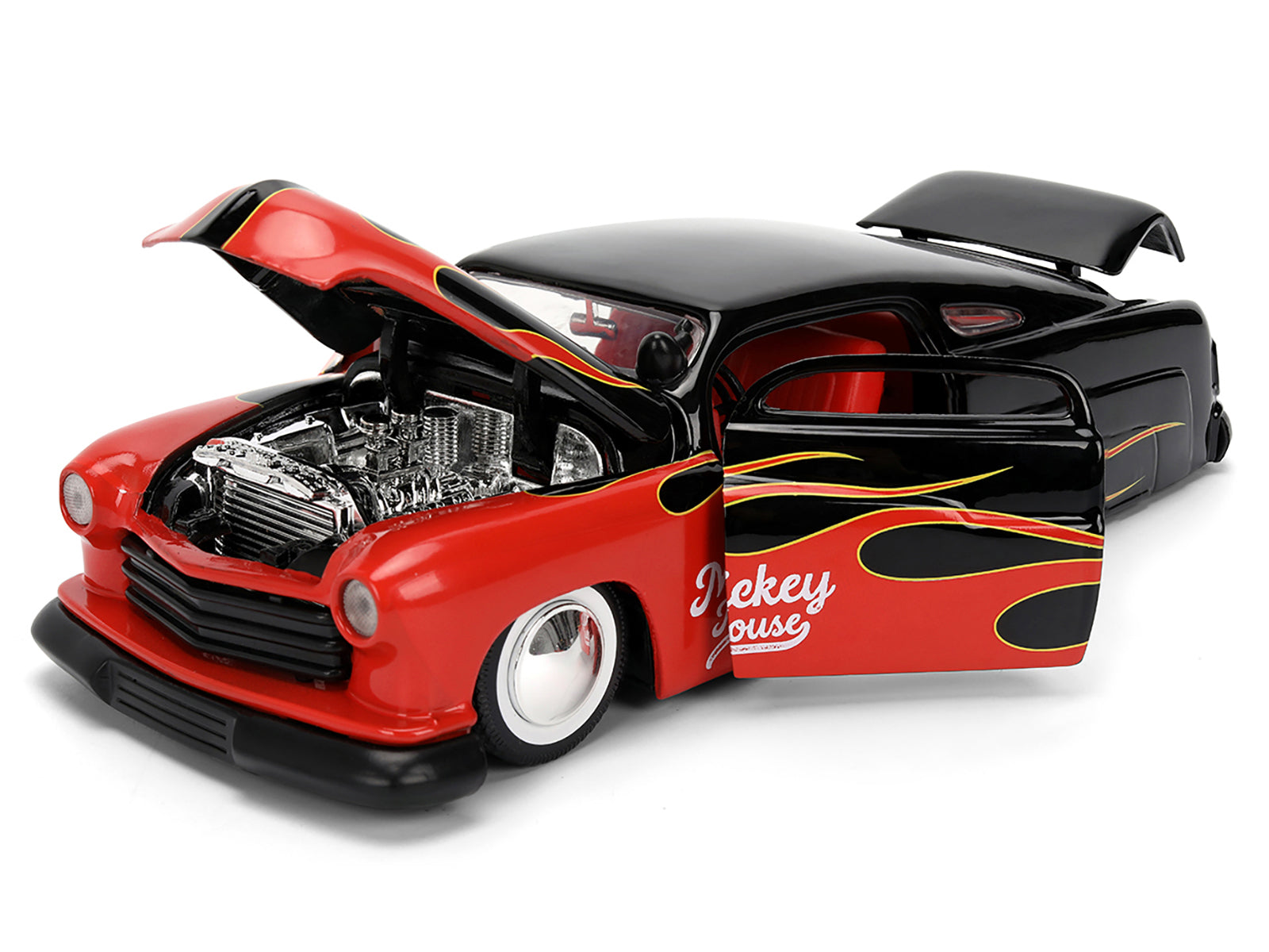 1951 Mercury Coupe Black with Flame Graphics and Red Interior and Mickey Mouse Diecast Figure "Disney's Mickey Mouse" "Hollywood Rides" Series 1/24 Diecast Model Car by Jada - image 3