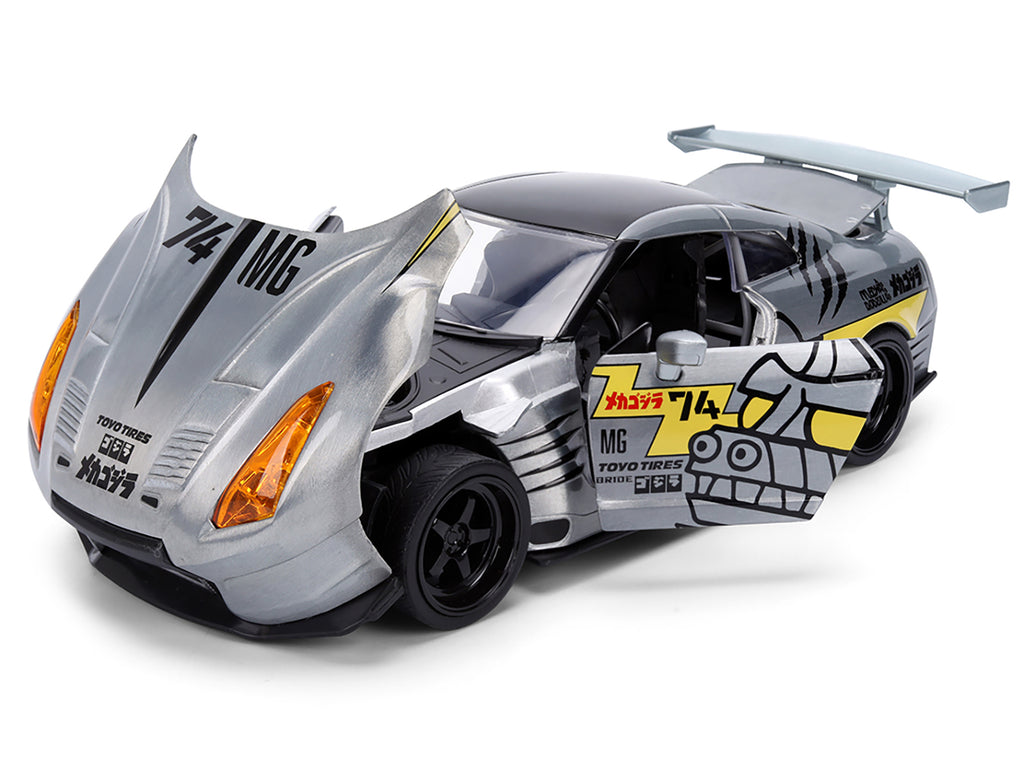 2009 Nissan GT-R (R35) Ben Sopra Brushed Metal with Black Top and Graphics and Mechagodzilla Diecast Figure "Godzilla" Franchise "Anime Hollywood Rides" Series 1/24 Diecast Model by Jada - image 2