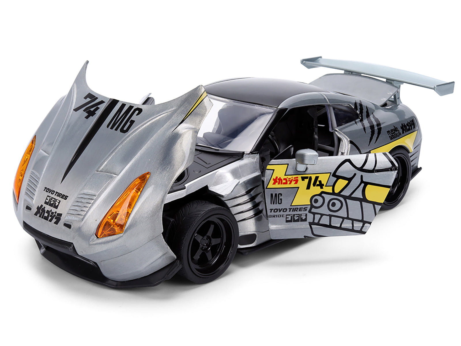 2009 Nissan GT-R (R35) Ben Sopra Brushed Metal with Black Top and Graphics and Mechagodzilla Diecast Figure "Godzilla" Franchise "Anime Hollywood Rides" Series 1/24 Diecast Model by Jada - image 2