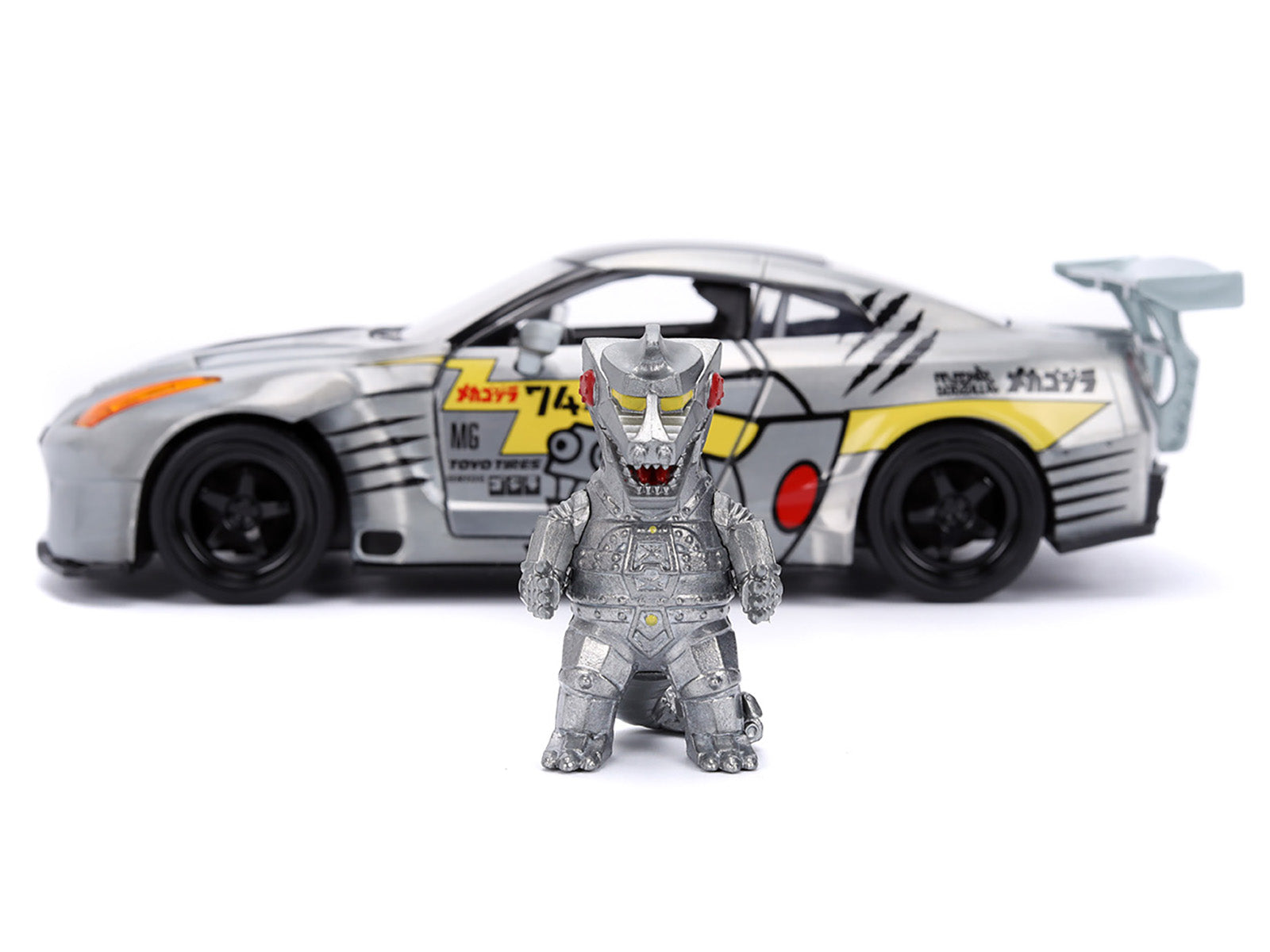 2009 Nissan GT-R (R35) Ben Sopra Brushed Metal with Black Top and Graphics and Mechagodzilla Diecast Figure "Godzilla" Franchise "Anime Hollywood Rides" Series 1/24 Diecast Model by Jada - image 5
