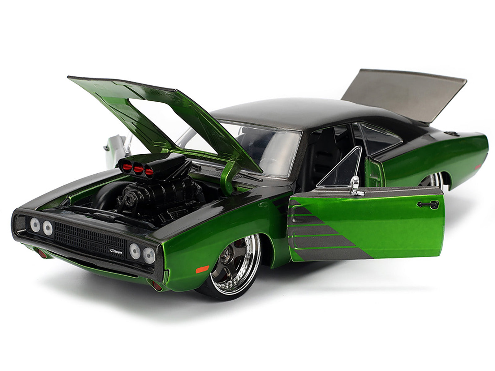1970 Dodge Charger R/T Dark Gray Metallic and Green Metallic with Dark Gray Stripes "Bigtime Muscle" Series 1/24 Diecast Model Car by Jada - image 2