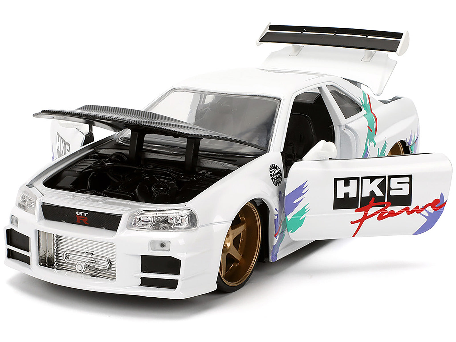 2002 Nissan Skyline GT-R (R34) RHD (Right Hand Drive) "HKS Power" White with Carbon Hood and Graphics "JDM Tuners" Series 1/24 Diecast Model Car by Jada - image 2