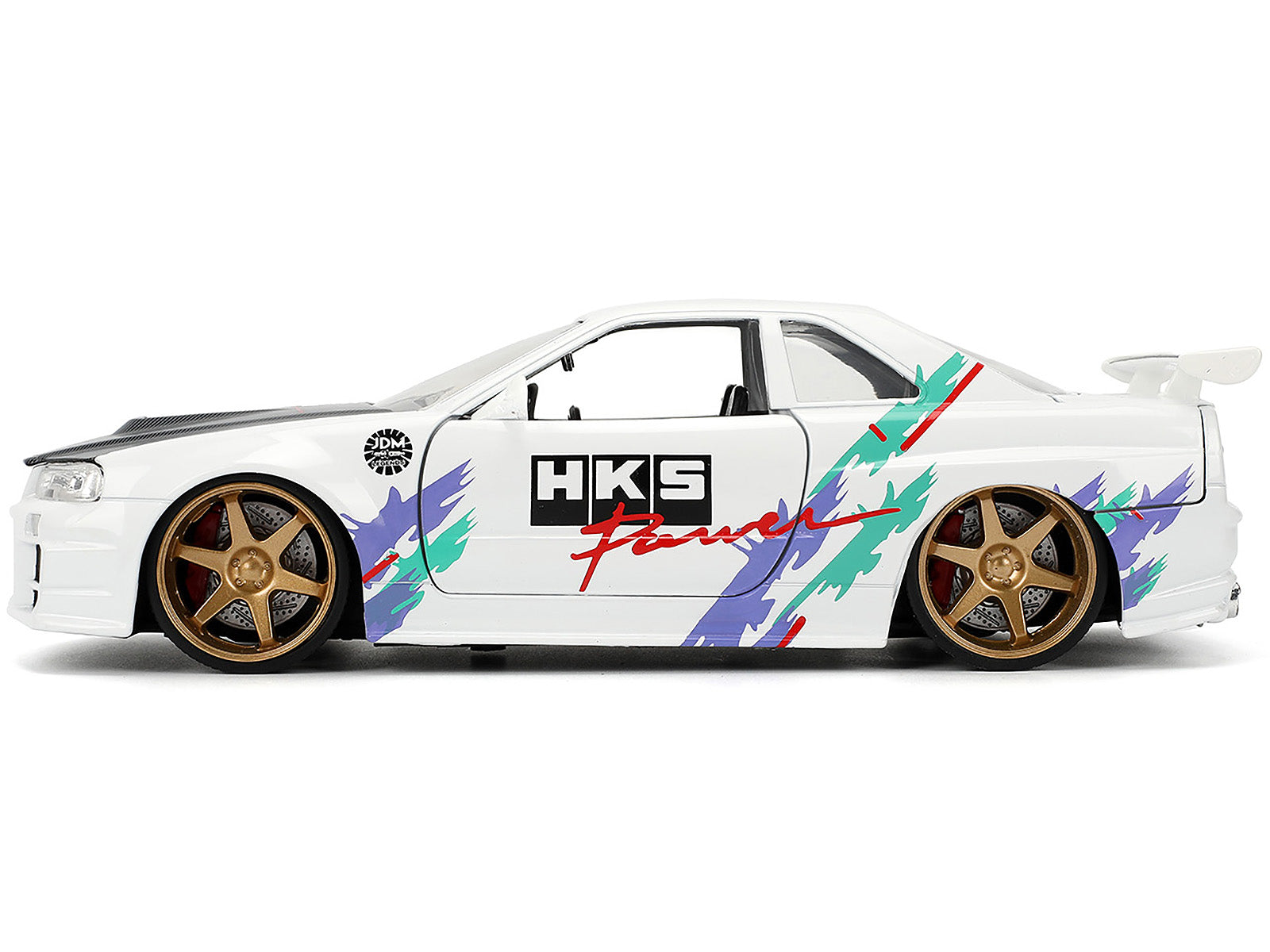 2002 Nissan Skyline GT-R (R34) RHD (Right Hand Drive) "HKS Power" White with Carbon Hood and Graphics "JDM Tuners" Series 1/24 Diecast Model Car by Jada - image 3