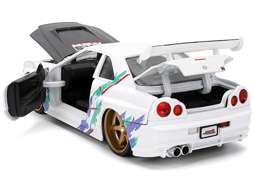 2002 Nissan Skyline GT-R (R34) RHD (Right Hand Drive) "HKS Power" White with Carbon Hood and Graphics "JDM Tuners" Series 1/24 Diecast Model Car by Jada - image 4