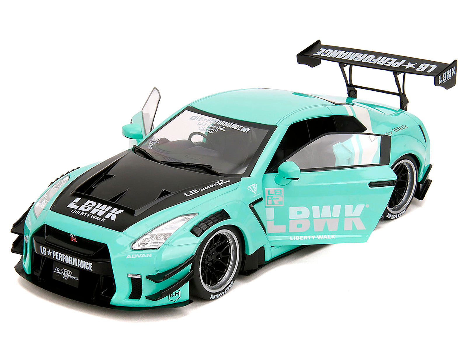 Nissan GT-R (R35) Liberty Walk Body Kit 2.0 RHD (Right Hand Drive) Light Blue with Black Hood and White Stripes "Pink Slips" Series 1/18 Diecast Model Car by Jada - image 2