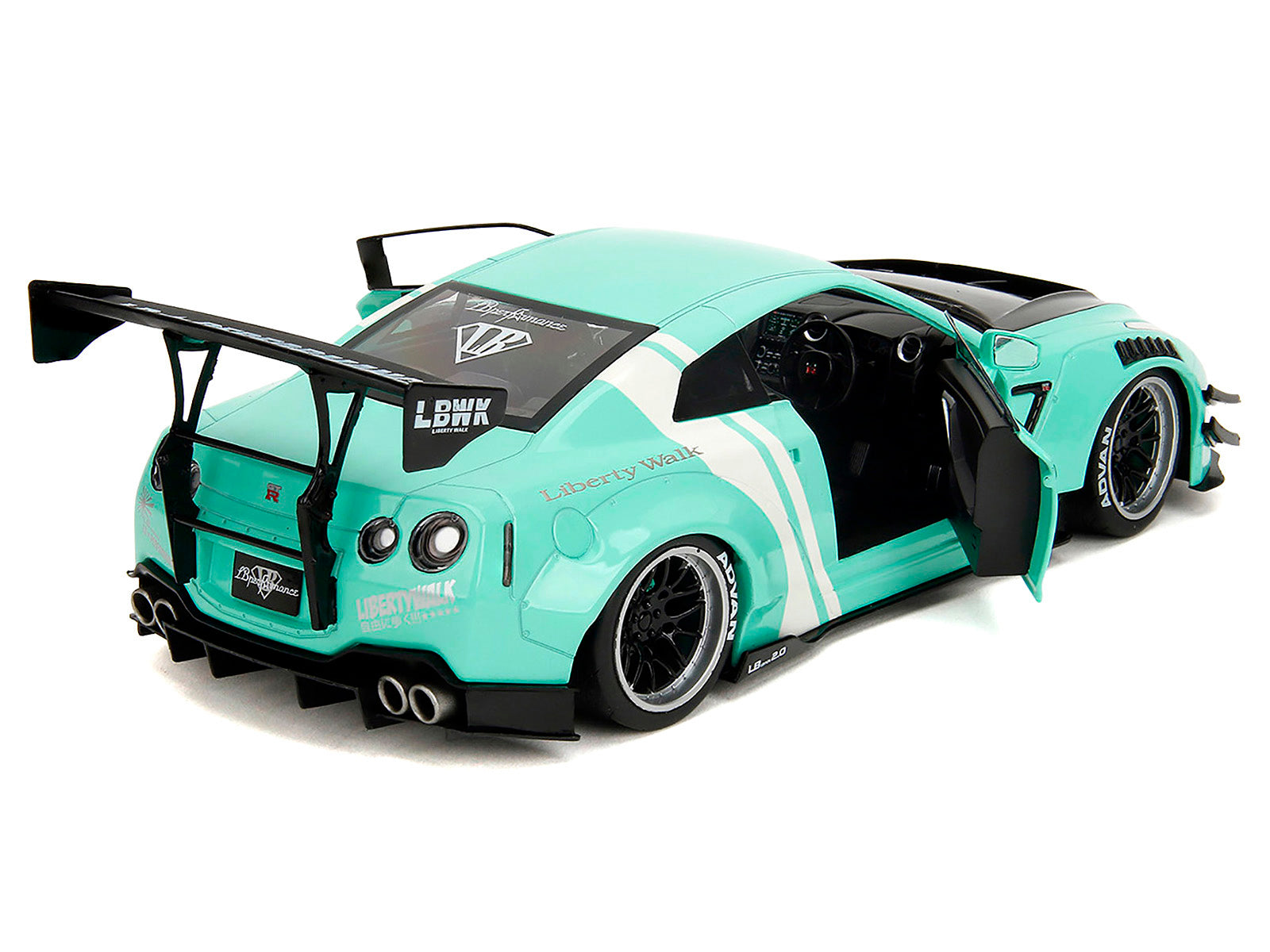 Nissan GT-R (R35) Liberty Walk Body Kit 2.0 RHD (Right Hand Drive) Light Blue with Black Hood and White Stripes "Pink Slips" Series 1/18 Diecast Model Car by Jada - image 4