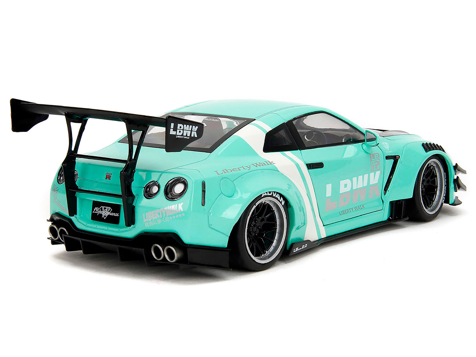 Nissan GT-R (R35) Liberty Walk Body Kit 2.0 RHD (Right Hand Drive) Light Blue with Black Hood and White Stripes "Pink Slips" Series 1/18 Diecast Model Car by Jada - image 5