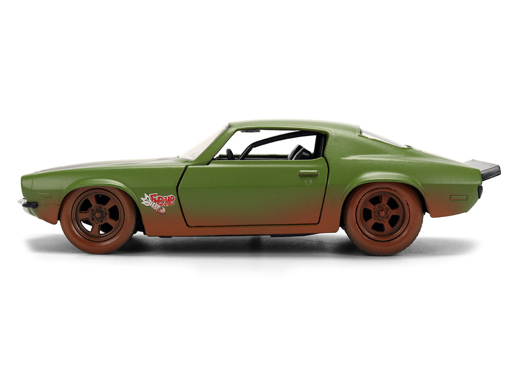 Dom's 1973 Chevrolet Camaro "F-Bomb" Matt Green (Dirty Version) with Black Hood Stripe "Fast & Furious" (2009) Movie "Fast & Furious 25 Years" Series 1/32 Diecast Model Car by Jada - image 3