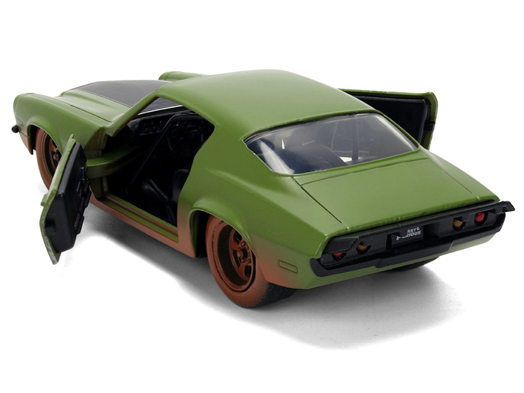 Dom's 1973 Chevrolet Camaro "F-Bomb" Matt Green (Dirty Version) with Black Hood Stripe "Fast & Furious" (2009) Movie "Fast & Furious 25 Years" Series 1/32 Diecast Model Car by Jada - image 4