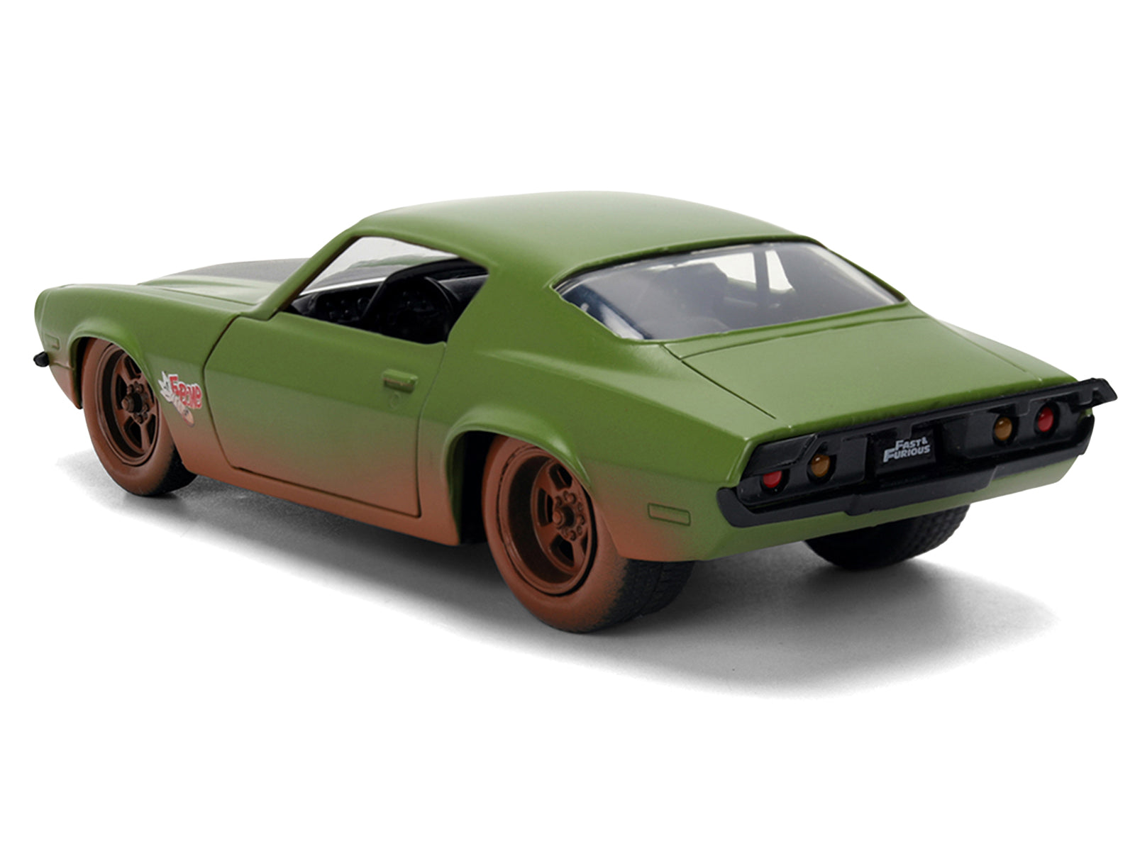 Dom's 1973 Chevrolet Camaro "F-Bomb" Matt Green (Dirty Version) with Black Hood Stripe "Fast & Furious" (2009) Movie "Fast & Furious 25 Years" Series 1/32 Diecast Model Car by Jada - image 5