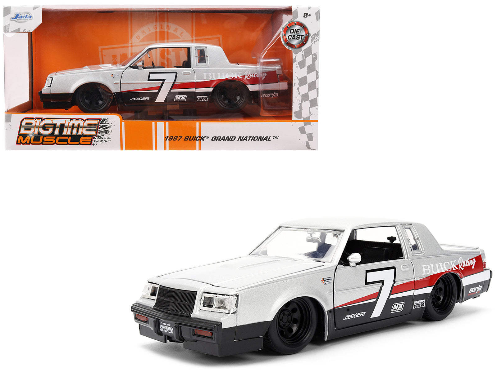 1987 Buick Grand National #7 "Buick Racing" Matt Silver Metallic with Red and Black Stripes "Bigtime Muscle" Series 1/24 Diecast Model by Jada