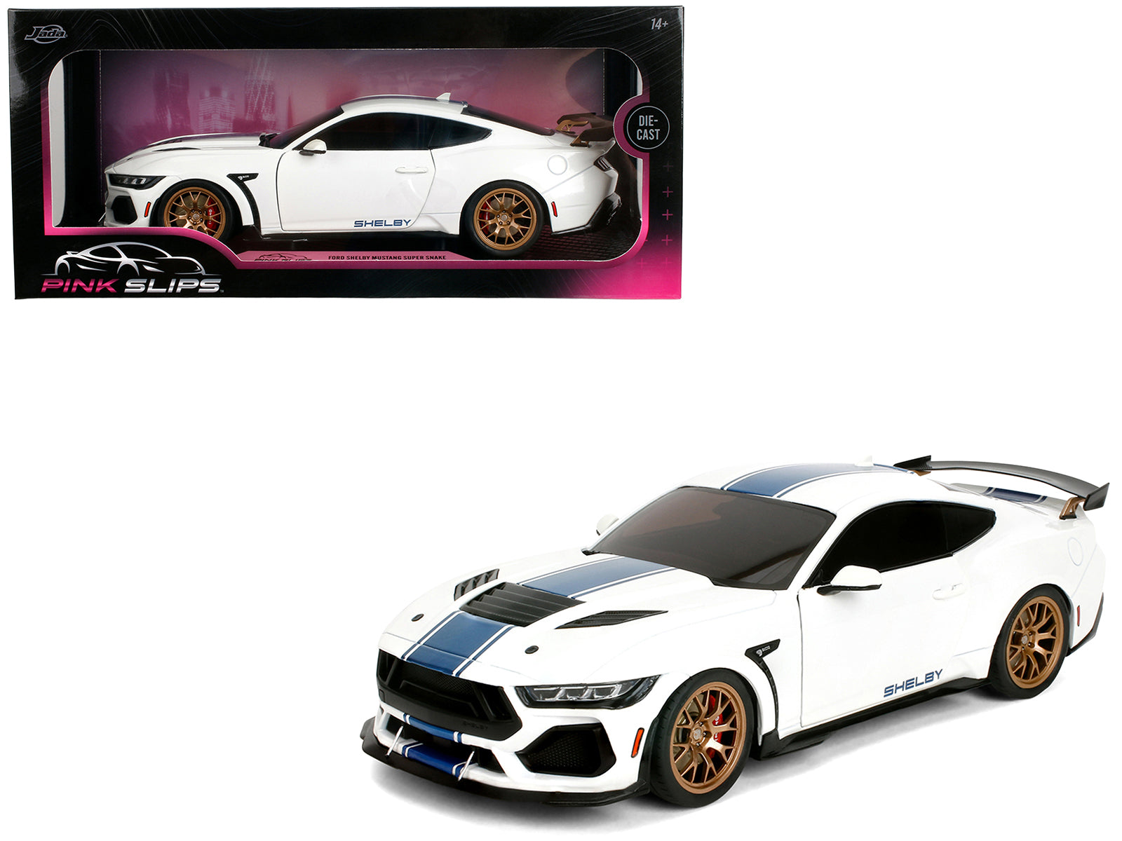 Ford Mustang Shelby Super Snake White Metallic with Blue Stripes and Gold Wheels "Pink Slips" Series 1/18 Diecast Model Car by Jada