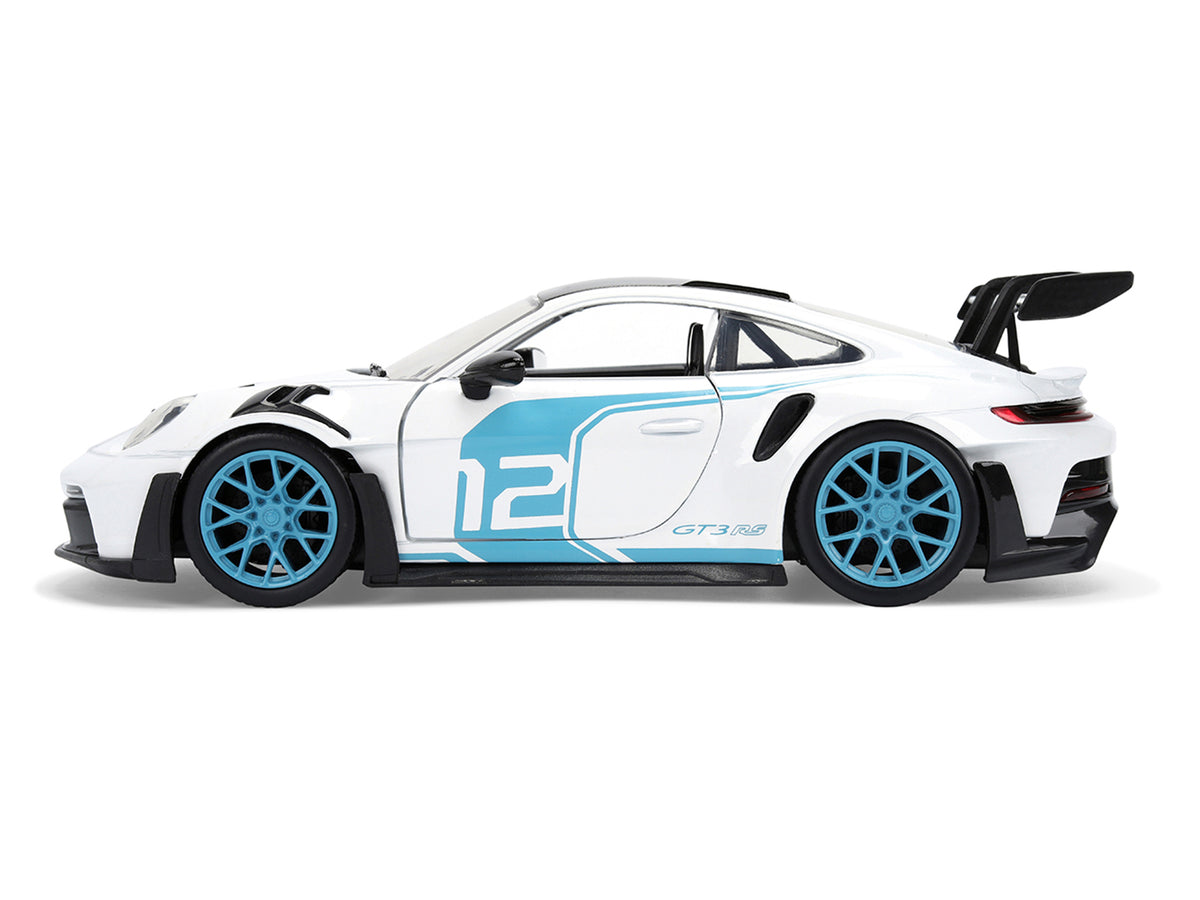 Porsche 911 GT3 RS (992) #12 White with Blue Stripes and Carbon Top "Hyper-Spec" Series 1/24 Diecast Model Car by Jada - image 3