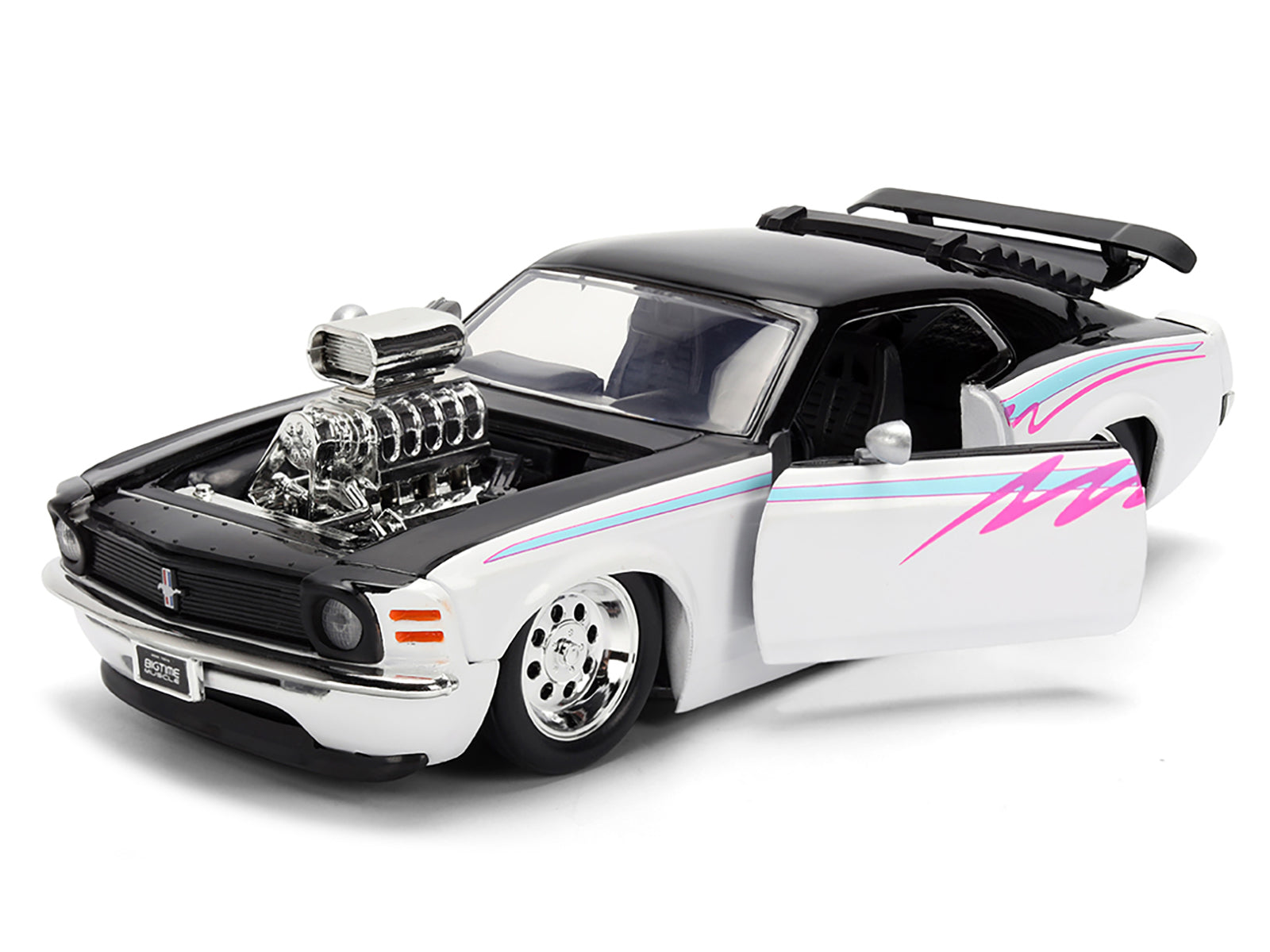 1970 Ford Mustang Boss 429 Black and White with Graphics "Bigtime Muscle" Series 1/24 Diecast Model Car by Jada - image 2