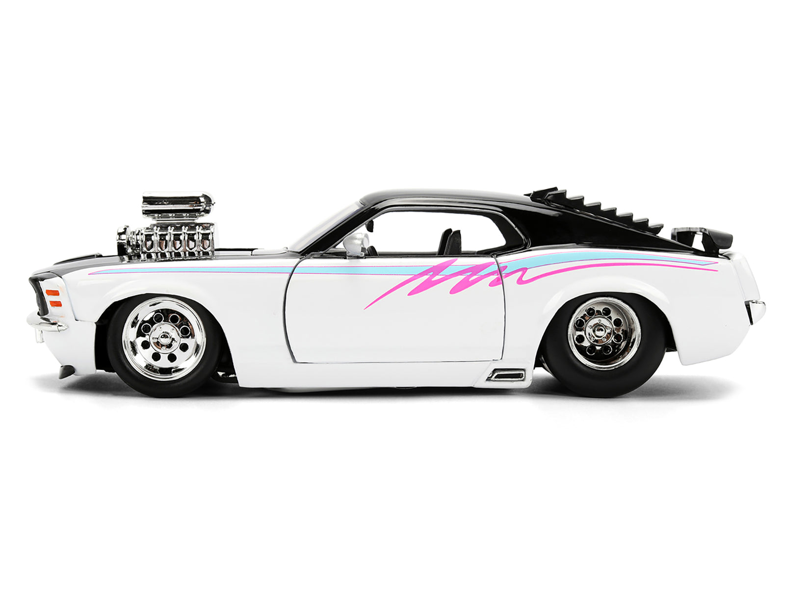 1970 Ford Mustang Boss 429 Black and White with Graphics "Bigtime Muscle" Series 1/24 Diecast Model Car by Jada - image 3