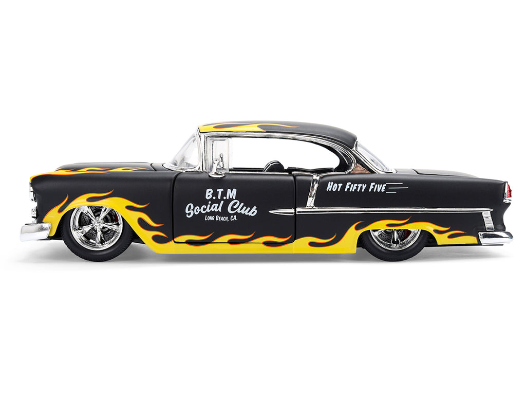 1955 Chevrolet Bel Air "BTM Social Club" Matt Black with Flames "Bigtime Muscle" Series 1/24 Diecast Model Car by Jada - image 4