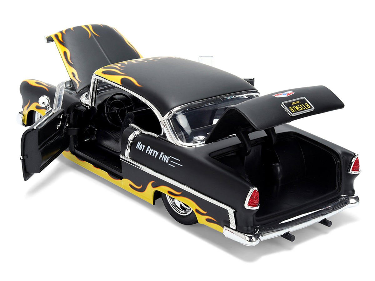 1955 Chevrolet Bel Air "BTM Social Club" Matt Black with Flames "Bigtime Muscle" Series 1/24 Diecast Model Car by Jada - image 5