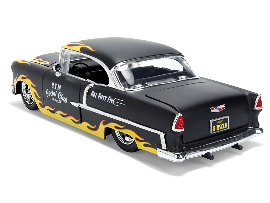 1955 Chevrolet Bel Air "BTM Social Club" Matt Black with Flames "Bigtime Muscle" Series 1/24 Diecast Model Car by Jada - image 3