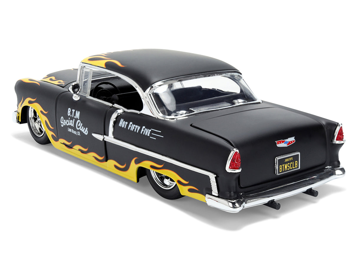 1955 Chevrolet Bel Air "BTM Social Club" Matt Black with Flames "Bigtime Muscle" Series 1/24 Diecast Model Car by Jada - image 3