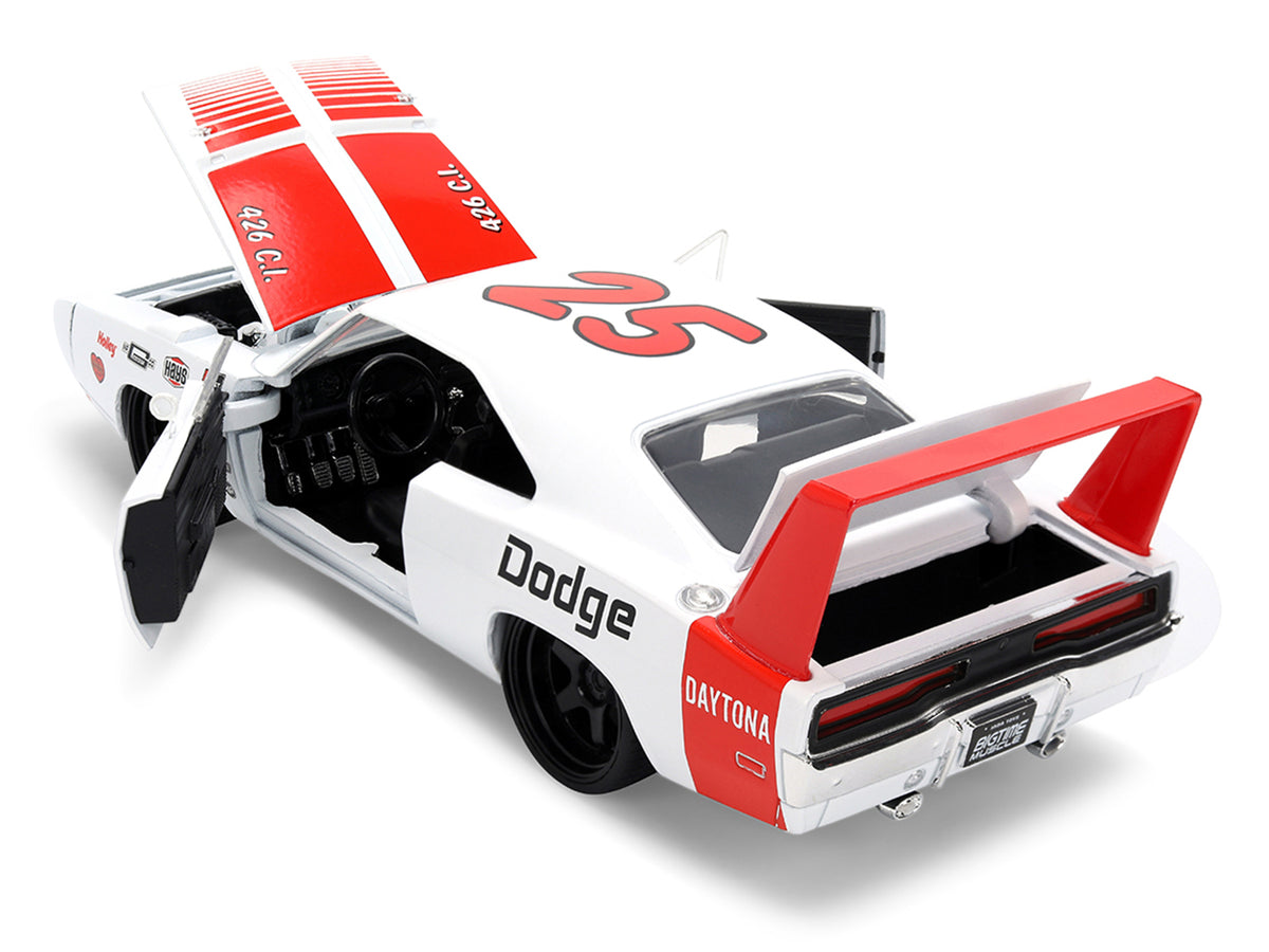 1969 Dodge Charger Daytona #25 White with Red Stripes "Bigtime Muscle" Series 1/24 Diecast Model Car by Jada - image 4