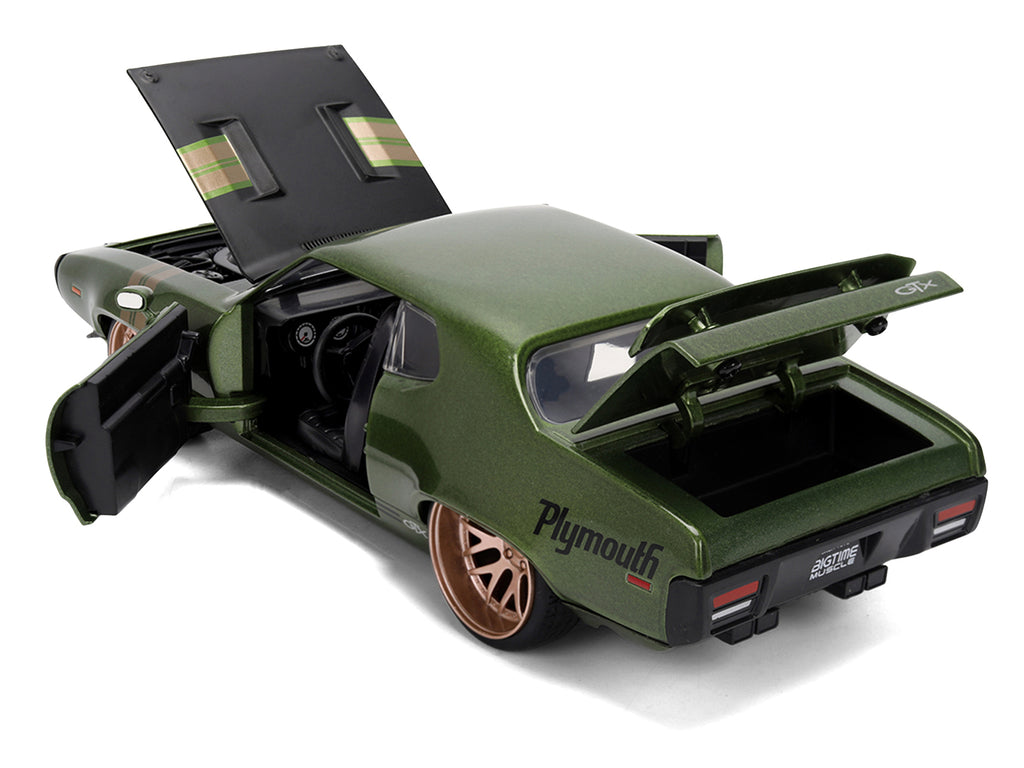 1972 Plymouth GTX Green Metallic with Matt Black Hood and Gold Stripes "Bigtime Muscle" Series 1/24 Diecast Model Car by Jada - image 4