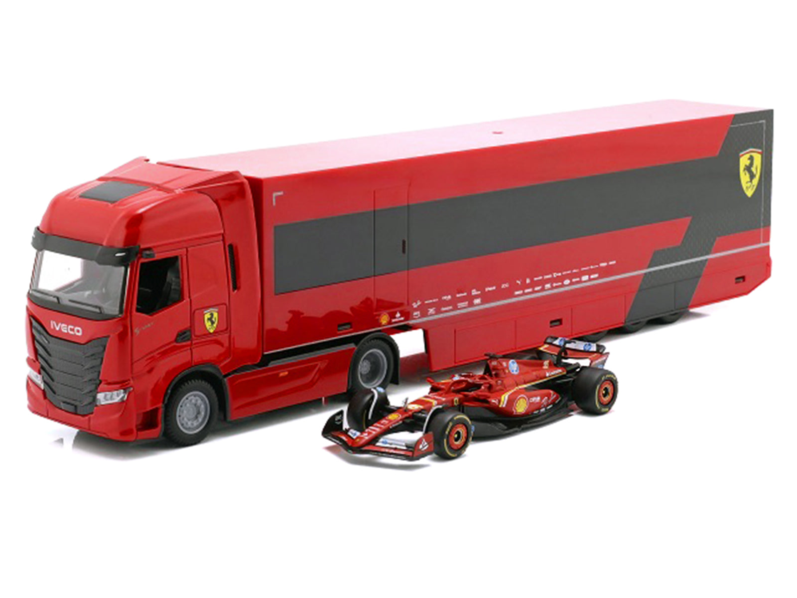 Iveco S-Way 570 Car Transporter Red and Ferrari SF-24 #16 Charles Leclerc Formula One F1 World Championship (2024) "Racing Hauler" Series 1/43 Diecast Model Car by Bburago