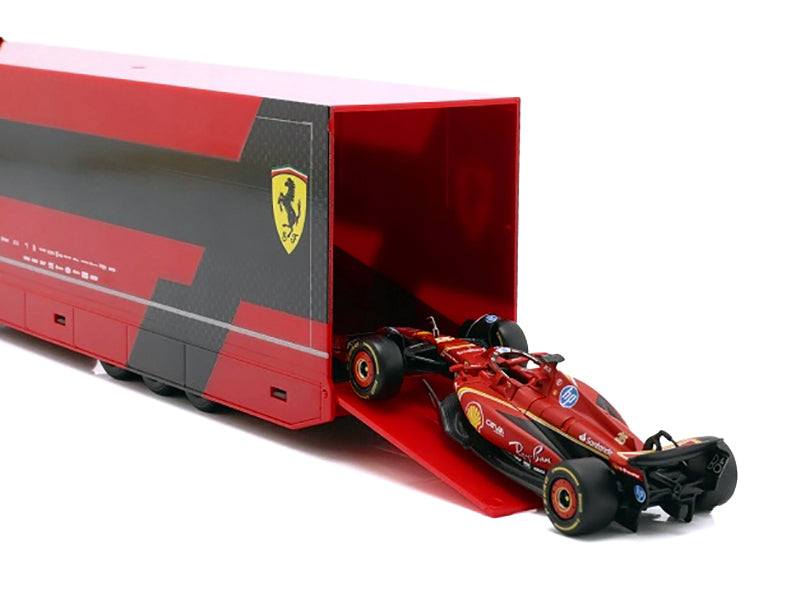 Iveco S-Way 570 Car Transporter Red and Ferrari SF-24 #16 Charles Leclerc Formula One F1 World Championship (2024) "Racing Hauler" Series 1/43 Diecast Model Car by Bburago