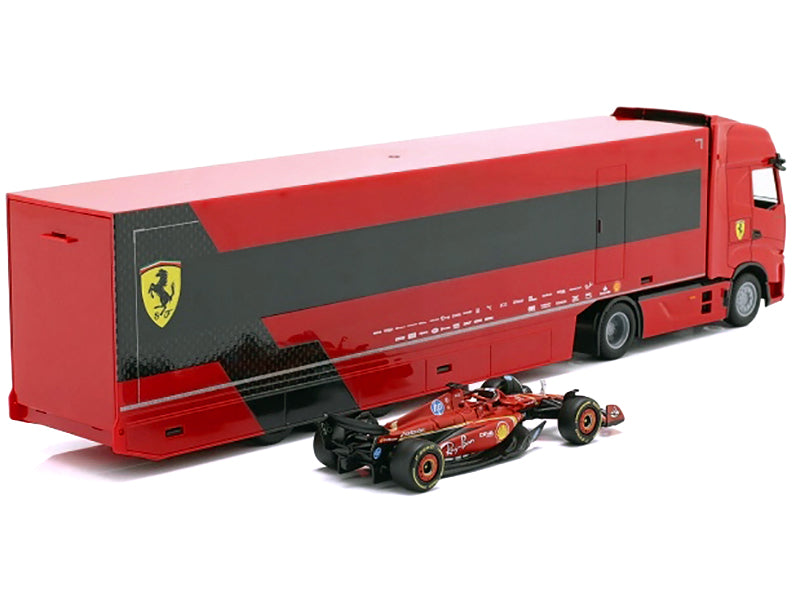 Iveco S-Way 570 Car Transporter Red and Ferrari SF-24 #16 Charles Leclerc Formula One F1 World Championship (2024) "Racing Hauler" Series 1/43 Diecast Model Car by Bburago