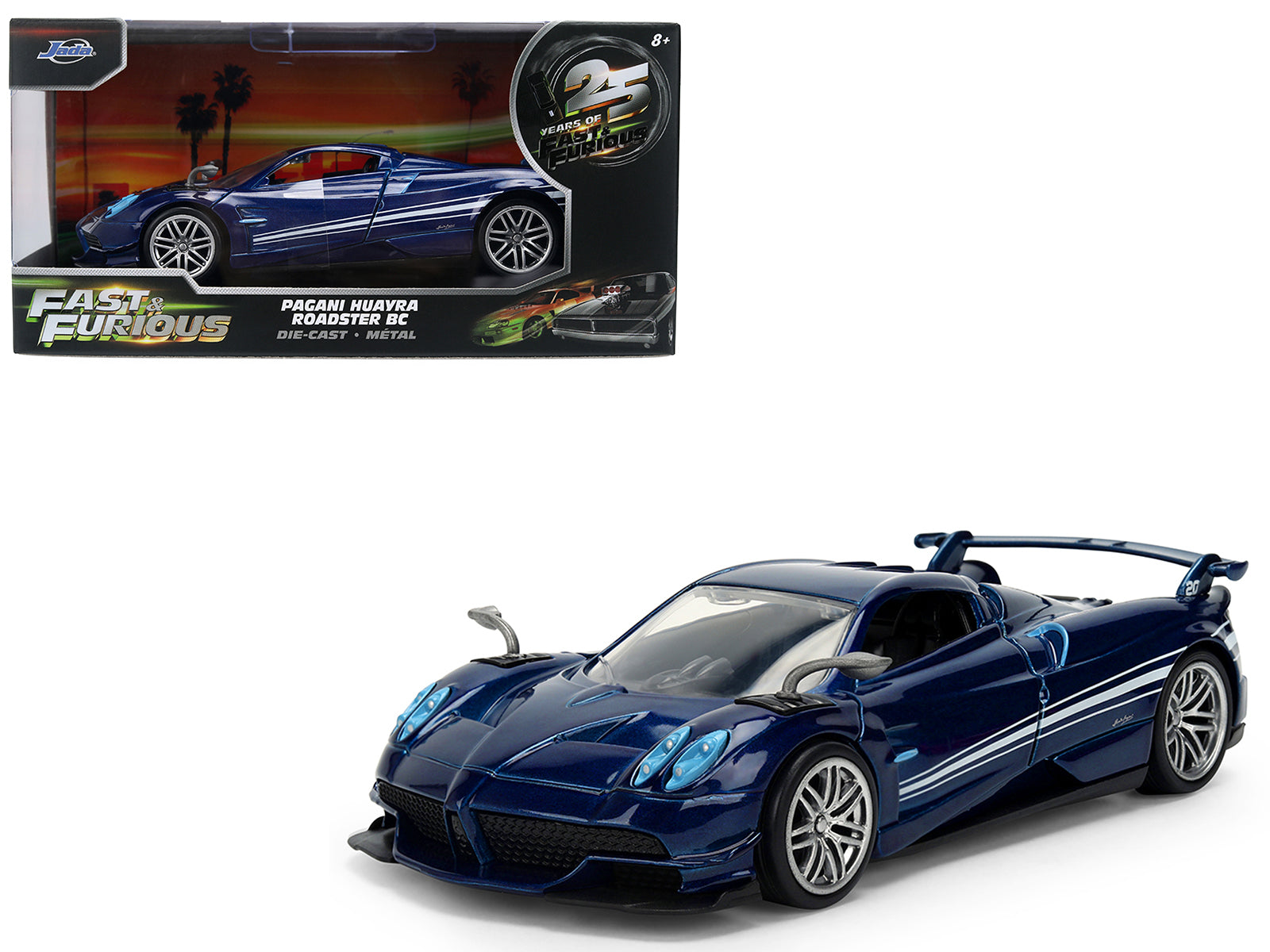 Pagani Huayra Roadster BC Blue Metallic with White Stripes "Fast X" (2023) Movie "Fast & Furious 25th Anniversary" Series 1/32 Diecast Model Car by Jada