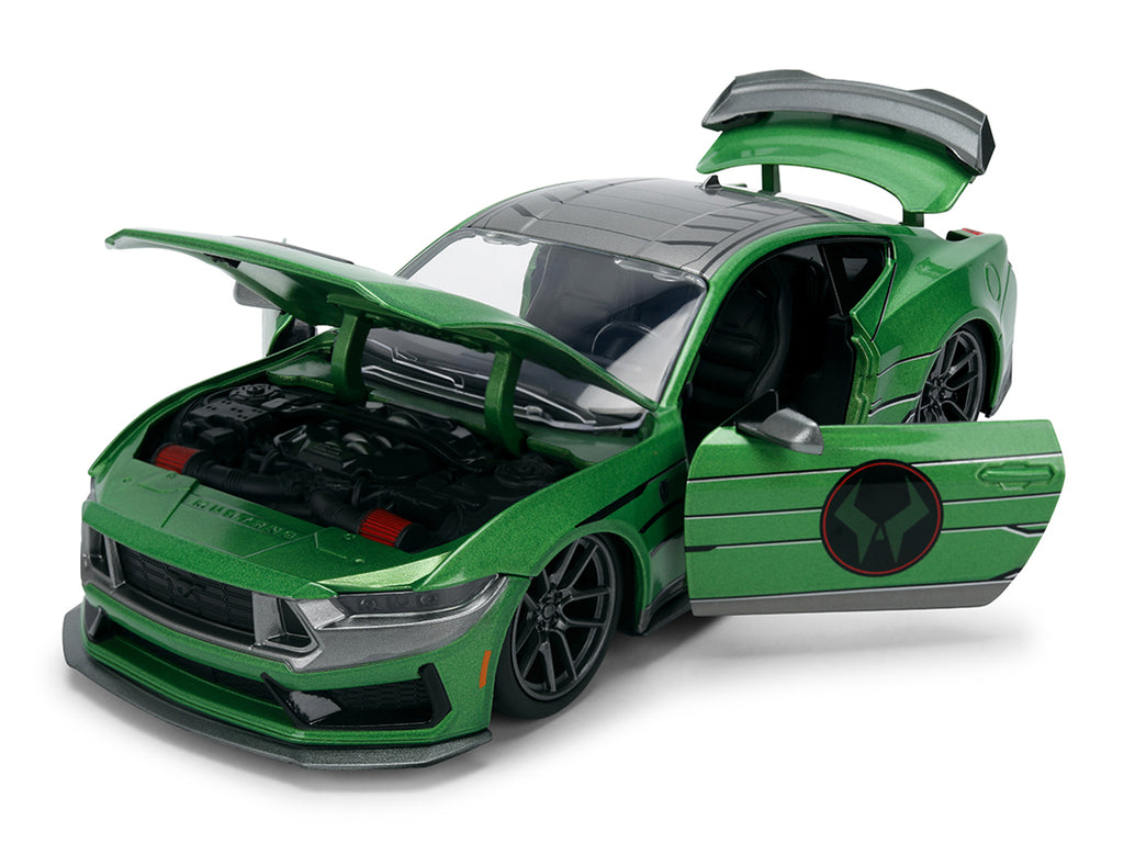 2024 Ford Mustang Dark Horse Green Metallic with Gray Top and Graphic with Doctor Doom Diecast Figure "Marvel's Doctor Doom" Character "Hollywood Rides" Series 1/24 Diecast Model Car by Jada