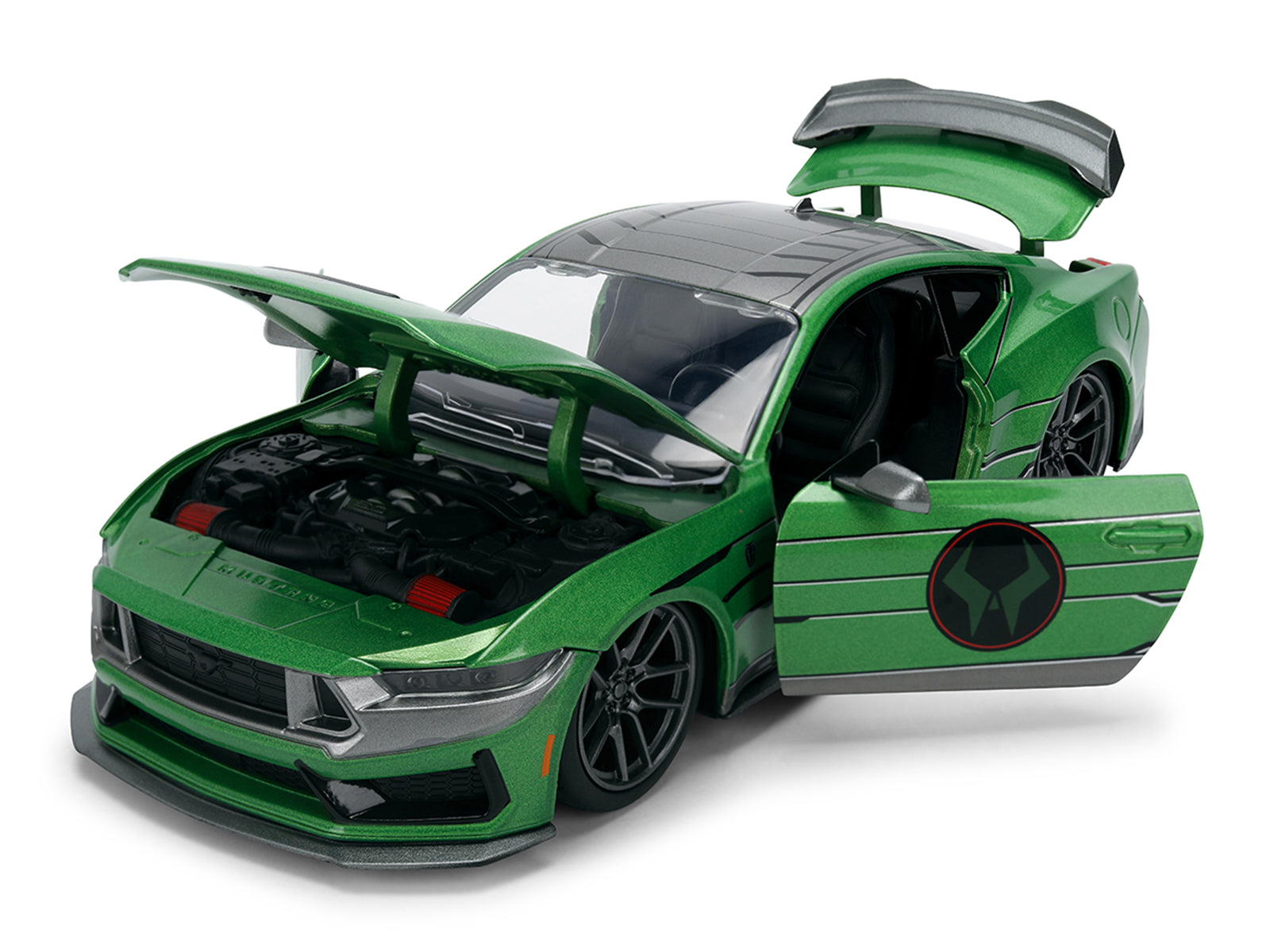 2024 Ford Mustang Dark Horse Green Metallic with Gray Top and Graphic with Doctor Doom Diecast Figure "Marvel's Doctor Doom" Character "Hollywood Rides" Series 1/24 Diecast Model Car by Jada