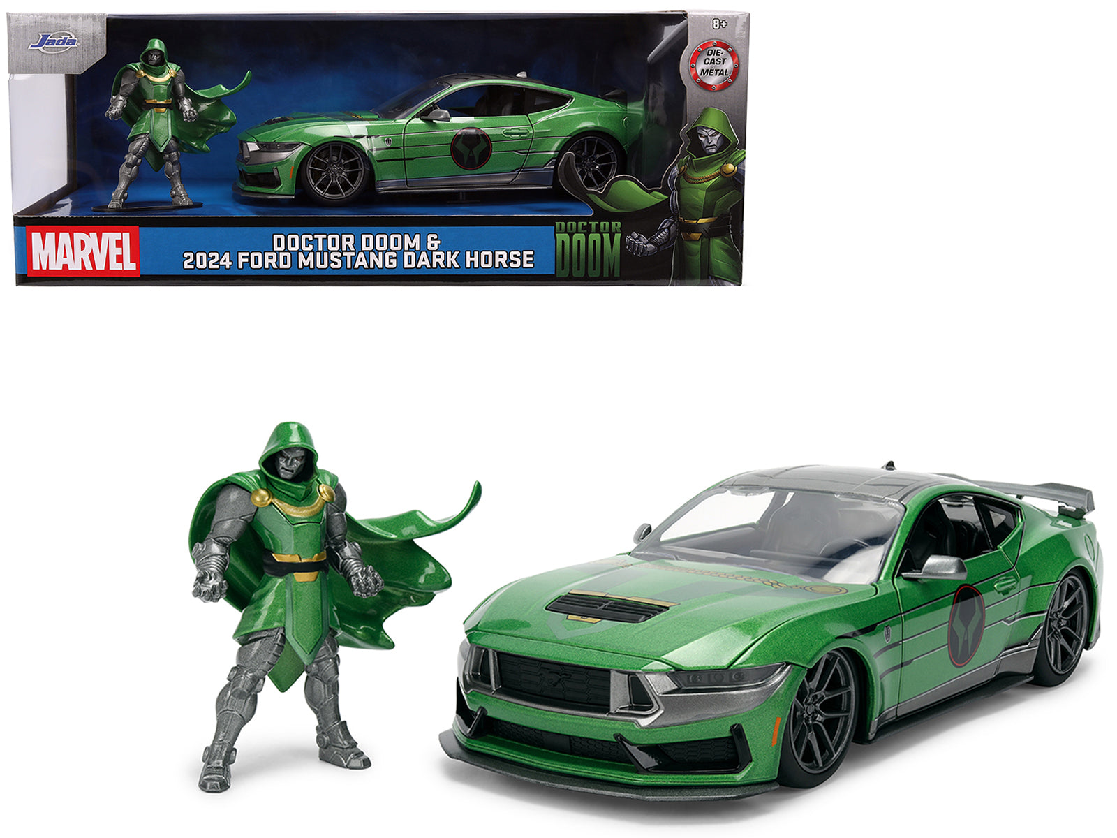 2024 Ford Mustang Dark Horse Green Metallic with Gray Top and Graphic with Doctor Doom Diecast Figure "Marvel's Doctor Doom" Character "Hollywood Rides" Series 1/24 Diecast Model Car by Jada