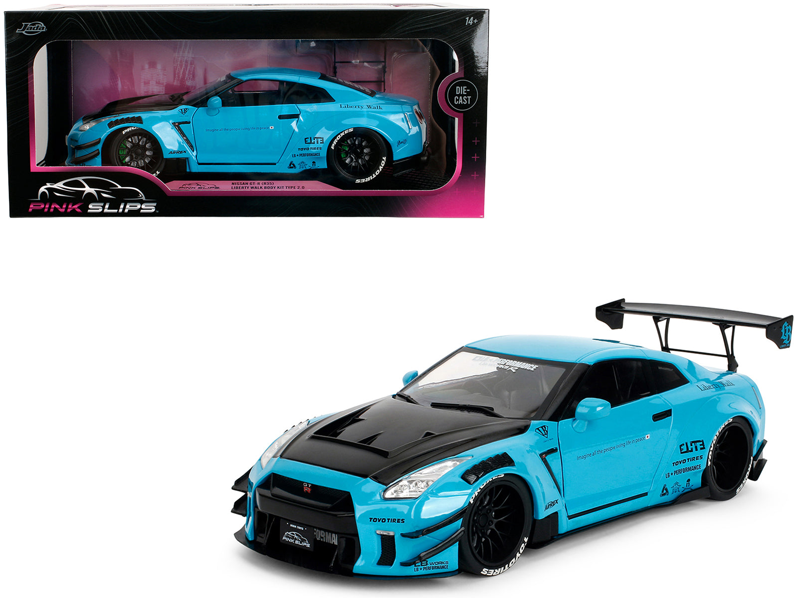 Nissan GT-R (R35) Liberty Walk Body Kit 2.0 RHD (Right Hand Drive) Blue with Black Hood "Pink Slips" Series 1/18 Diecast Model Car by Jada