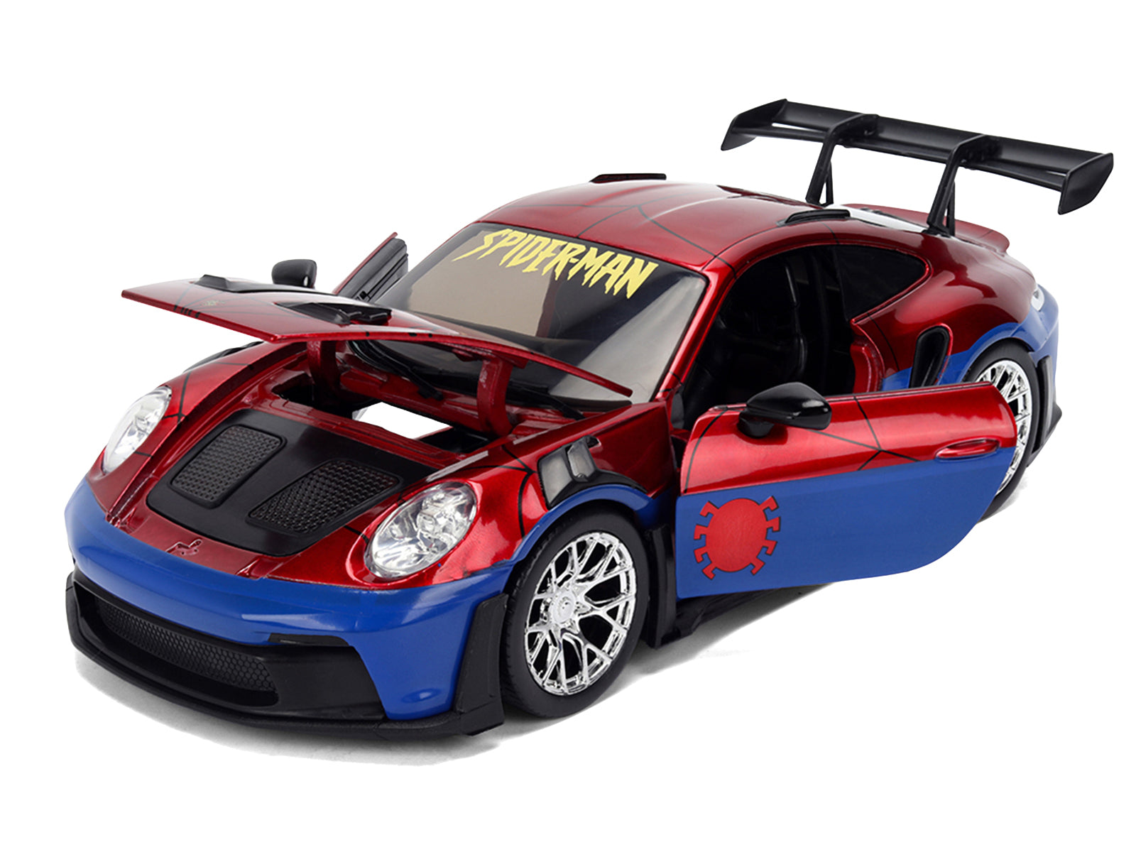 Porsche 911 GT3 RS (992) Red and Blue with Graphics and Spider-Man Diecast Figure "Marvel Spider-Man" "Hollywood Rides" Series 1/24 Diecast Model Car by Jada - image 2