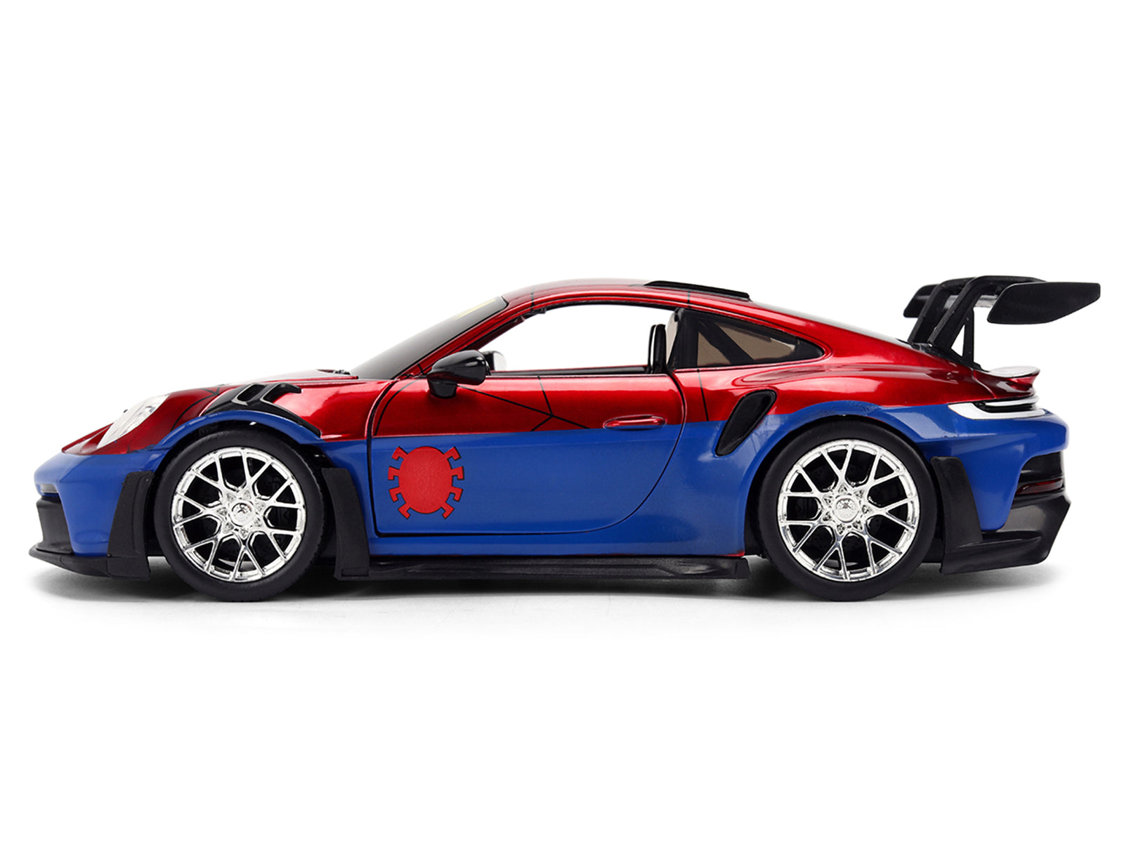 Porsche 911 GT3 RS (992) Red and Blue with Graphics and Spider-Man Diecast Figure "Marvel Spider-Man" "Hollywood Rides" Series 1/24 Diecast Model Car by Jada - image 3