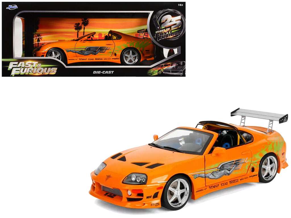 1993 Toyota Supra Orange with Graphics "The Fast and the Furious" (2001) Movie "25 Years of Fast & Furious" Series 1/18 Diecast Model Car by Jada